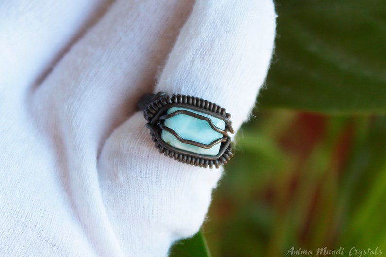 Larimar ring size 7us braided wire ring Wire wrapped larimar ring Copper wire ring Heady ring blue stone ring Raw crystal ring