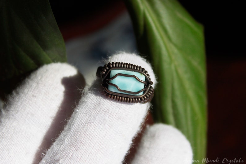 Larimar ring size 7us braided wire ring Wire wrapped larimar ring Copper wire ring Heady ring blue stone ring Raw crystal ring