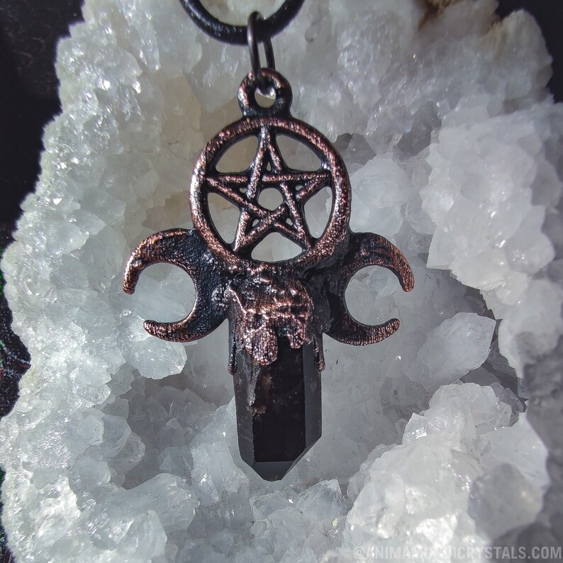 Electroformed jewelry Goth Victorian Gothic Witchy Pentagram Crescent Moon Phases Black Quartz Pendant Wicca Raw Crystal Samhain