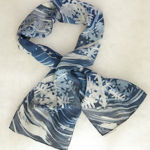 Hand Dyed Silk Scarf - Snowflakes on a Stormy Blue Night - Crepe De Chine Silk Scarf by Laura Elderton (approx. 8x54 inches)