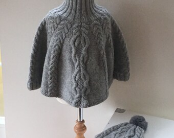 Girls Cable Design Poncho & matching hat.