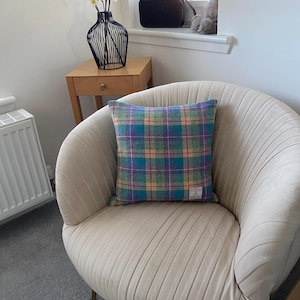 Harris Tweed Cushion Cover: Pastel Plaid Wool Pillow, Handmade in Scotland