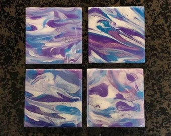 Coasters, Custom coasters, Tiles coasters, personalized coasters, Epoxy coasters, fluid art coasters, Purple coasters