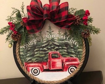 Christmas decor, Red truck decor, Holiday decor, decorative plates, Buffalo plaid decor, Christmas wall hangings,