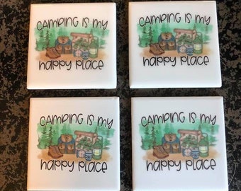 Camping coasters, coaster sets, Tiles coasters, personalized coasters, Epoxy coasters, coasters, camping decor, home decor drink ware