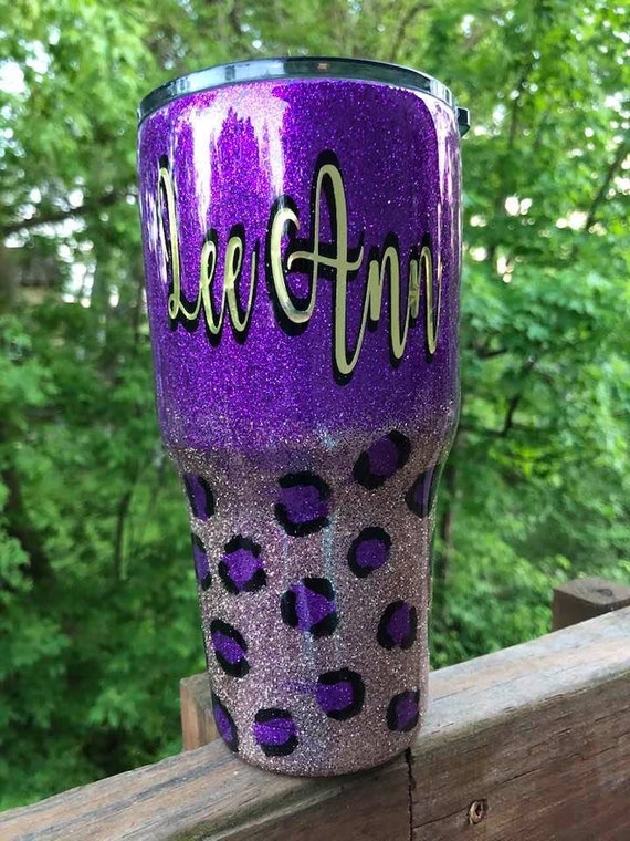 Purple Leopard Print Glitter Tumbler, Personalized Glitter Tumbler