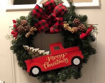 Christmas wreath, Red Truck wreath, Door wreaths, Christmas decor, wreaths, Buffalo plaid wreath, 24 inch wreath