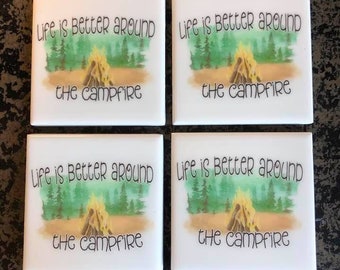 Camp fire coasters, coaster sets, Tiles coasters, personalized coasters, Epoxy coasters, coasters, camping decor, home decor drink ware