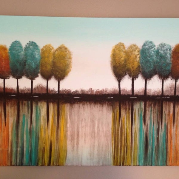 Abstract trees,tree painting, tree reflection painting,abstract, brown painting,orange painting,turquoise painting