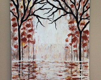 Abstract trees,tree painting,tree reflections,textured painting,abstract,18x24,black painting,orange painting,brown painting