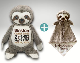 Personalized Baby Gift Set • Sloth • Birth Announcement Embroidered Animal • Personalized Lovey • Embroidered Baby Gift Set • Sloth Theme