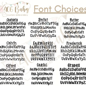May include: A digital chart titled 406 Baby custom embroidery Font Choices displaying nine distinct alphabet styles in black text. Each font is labeled with a name including Aurora, Ballet, Butter, Calvin, Farmhouse, Frederick, Gifted, Garlic, and Grapes.
