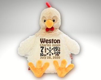 Personalized Chicken Plushie • Birth Announcement Stuffed Animal • Embroidered Stuffed Animal • Personalized Baby Gift • Birth Stats Stuffed