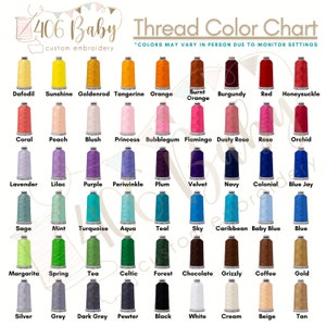 Puede incluir: Carta de colores de hilo con 48 carretes de hilo de bordar en varios colores. La carta est&aacute; etiquetada como "406 Baby Custom Embroidery" y "Thread Color Chart".