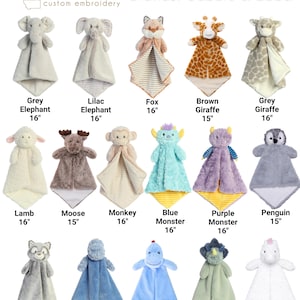 May include: A collection of 15-inch and 16-inch plush loveys featuring various animal characters including elephants, a fox, giraffes, a lamb, moose, monkey, monsters, penguin, raccoon, T-Rex, triceratops, and unicorn with soft textured fabrics.