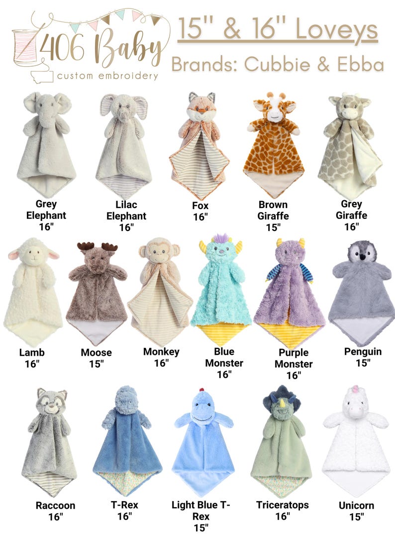 May include: A collection of 15-inch and 16-inch plush loveys featuring various animal characters including elephants, a fox, giraffes, a lamb, moose, monkey, monsters, penguin, raccoon, T-Rex, triceratops, and unicorn with soft textured fabrics.