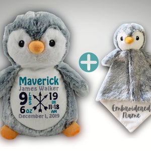 Personalized Baby Gift Set Penguin • Birth Announcement Embroidered Animal • Personalized Lovey • Embroidered Baby Gift Set • Penguin Theme