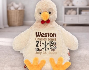 Peluche de pollo personalizado • Peluche para anunciar el nacimiento • Peluche bordado • Regalo personalizado para bebé • Peluche con datos del nacimiento
