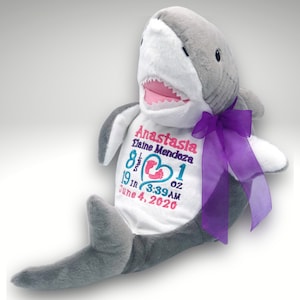 Personalized Shark • Birth Announcement Stuffed Animal • Birth Stat Animal • Personalized Baby Gift • Embroidered Birth Announcement Shark