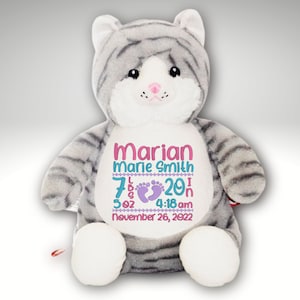 Personalized Cat • Birth Announcement Stuffed Animal • Birth Stat Animal • Personalized Baby Gift • Embroidered Birth Announcement Cat