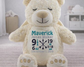 Personalized Angel Bear • Birth Announcement Stuffed Animal • Birth Stat Animal • Personalized Baby Gift • Embroidered Birth Bear