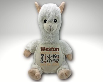 Personalized Llama • Birth Announcement Stuffed Animal • Birth Stat Animal • Personalized Baby Gift • Embroidered Birth Announcement Llama