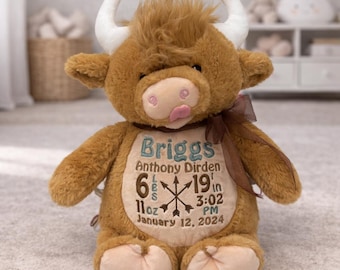Personalized Cow • Birth Announcement Stuffed Animal • Birth Stat Animal • Personalized Baby Gift • Embroidered Birth  Highland Cow