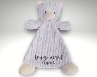 Personalized Kitty Cat Lovey with Rattle, Custom Baby Blanket, Embroidered Lovey, Personalized Security Blanket , Personalized Baby Blankie