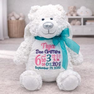 Oso ángel personalizado • Animal de peluche para anuncio de nacimiento • Animal para el día del nacimiento • Regalo personalizado para bebé • Oso conmemorativo bordado imagen 1