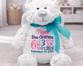 Personalized Angel Bear • Birth Announcement Stuffed Animal • Birth Stat Animal • Personalized Baby Gift • Embroidered Memorial Bear