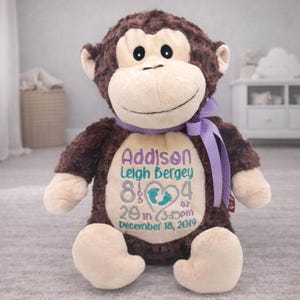 Personalized Monkey • Birth Announcement Stuffed Animal • Birth Stat Animal • Personalized Baby Gift • Embroidered Birth Announcement Monkey