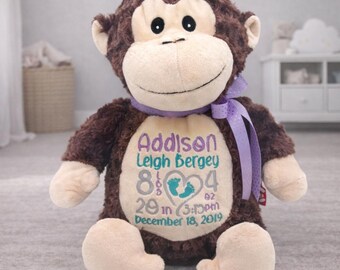 Personalized Monkey • Birth Announcement Stuffed Animal • Birth Stat Animal • Personalized Baby Gift • Embroidered Birth Announcement Monkey