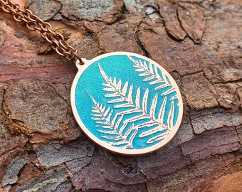 FERN COPPER NECKLACE, forest plant jewelry, fern jewelry, forest copper pendant, green agate fern, forest plant pendant