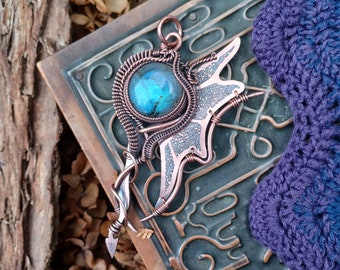 DRAGON WING NECKLACE, copper wirewrapped necklace with dragon wing, blue labradorite necklace, dragon necklace for her