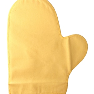 May include: A yellow oven mitt with a stitched edge.