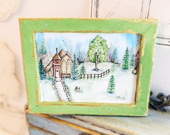 Dollhouse Miniature, Church in the Woods No.2:2, Handmade Wooden Framed art