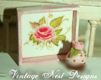 Dollhouse Miniature, Roses No.37, Handmade Wooden Framed Art