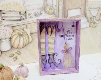 Dollhouse Miniature, Witch If Broom Fits 1:1, Handmade Wooden Framed Art