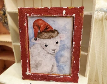 Dollhouse Miniature, Christmas Lamb No.1:2, Handmade Miniature Framed Art
