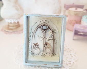 Dollhouse Miniature, Two Owls in a Window No.1, Handmade Wooden Framed Art