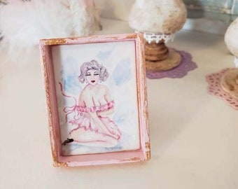 Dollhouse Miniature, Pin Up Girl No.2:2, Handmade Wooden Framed Art