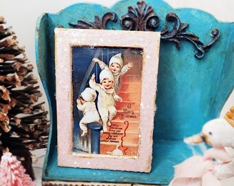 Dollhouse Miniature, Christmas Snow Babies No.1:4, Handmade Wooden Framed Art