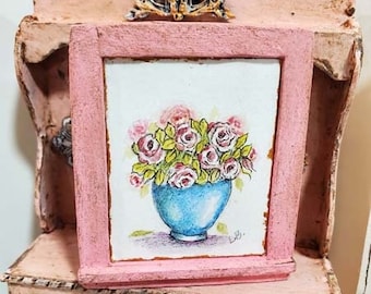 Dollhouse Miniature, Florals No.16, Original Painting, Handmade Wooden Framed Art