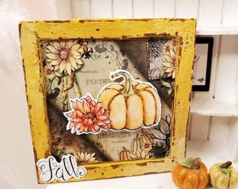 Dollhouse Miniature, Fall Sunflower Pumpkins No.1, Handmade Wooded Framed Art