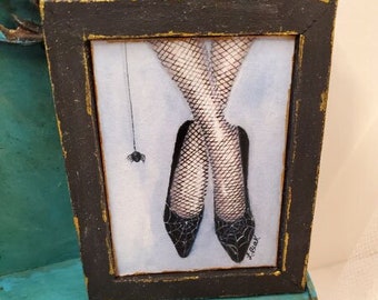 Dollhouse Miniature, Spider Web Shoes No.1, Handmade Wooden Framed Art