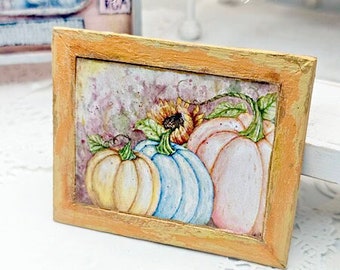 Dollhouse Miniature, Fall Pumpkins No.2:1, Handmade Framed Art