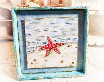 Dollhouse Miniature, Starfish Ashore No.2:1, Handmade Wooden Framed Art
