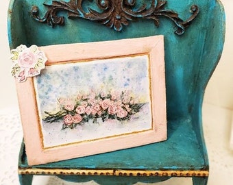 Dollhouse Miniature, Pink Roses No.2:1, Handmade Wooden Framed Art