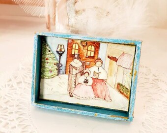 Dollhouse Miniature, Christmas Carolers No.1, Handmade Wooden Framed Art