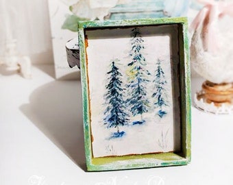Dollhouse Miniature, Winter Pines No.1:3, Handmade Wooden Framed Art
